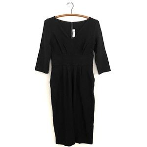 St. John Collection Knit V Neck Black Metallic Sheath Dress With Sleeves Size 2